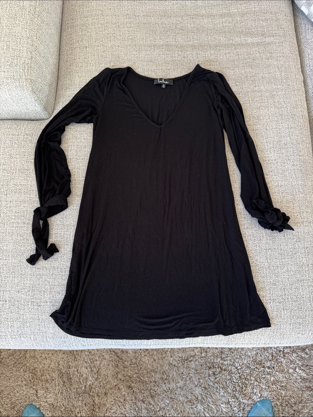 Lulu's Black Long Sleeve V-Neck Dress with Tie Cuffs